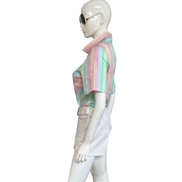 KILLER Vintage 1970s Pastel Rainbow Stripe Button Down Blouse - Picture 6 of 11